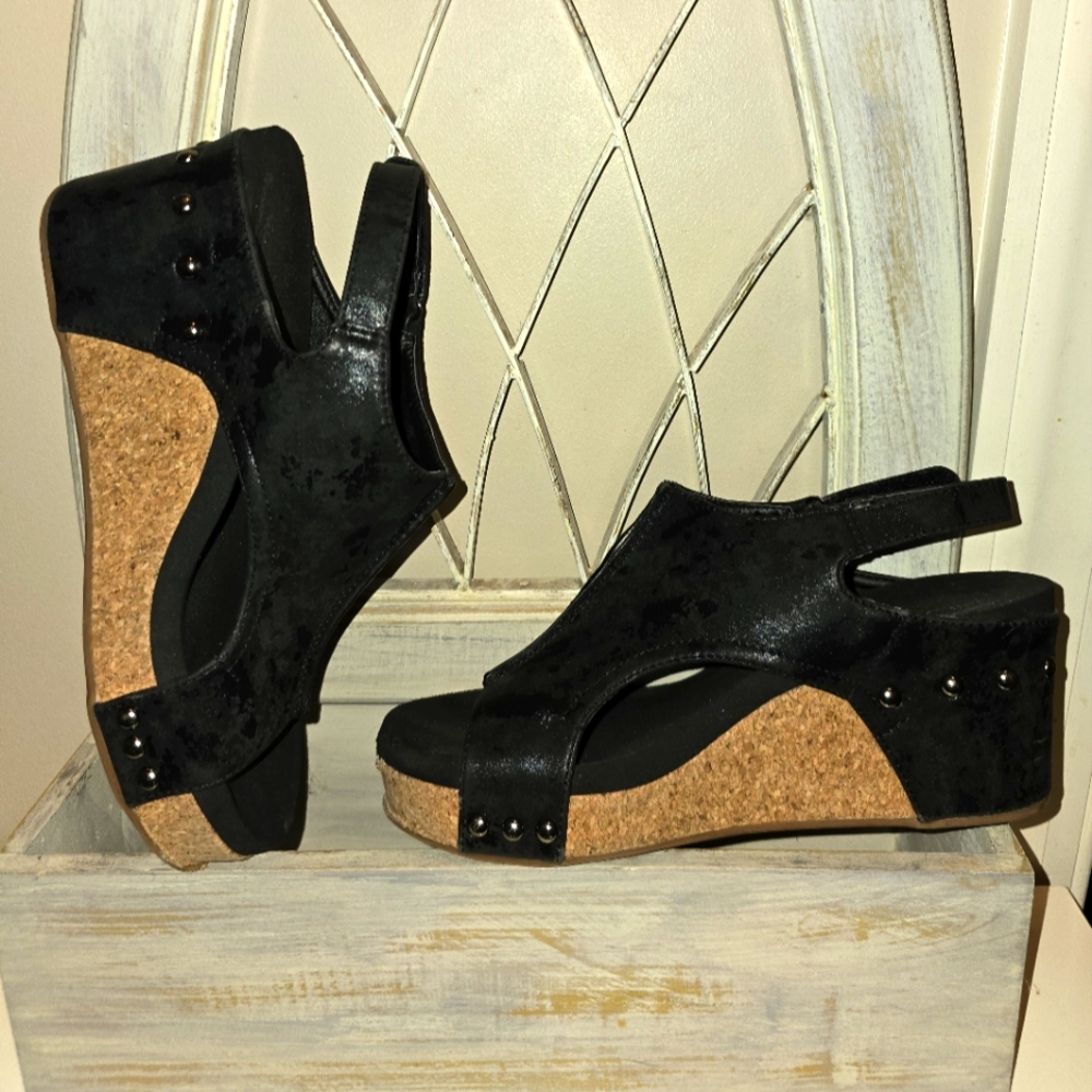 Corkys Black Wedge Sandals
